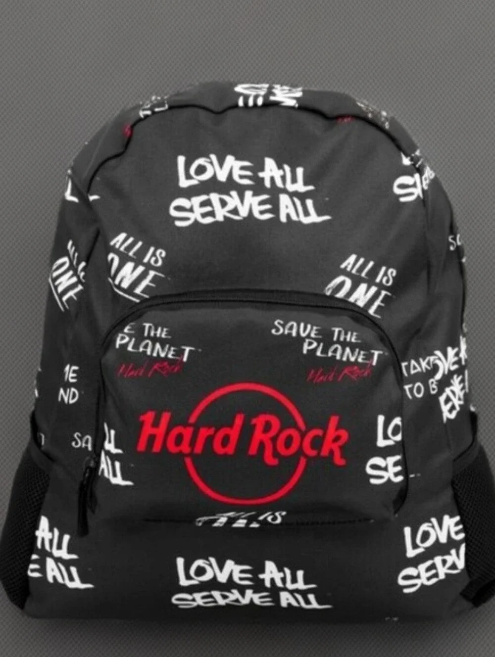 Hard Rock Cafe Black Backpack with Red Logo and White Slogan Print